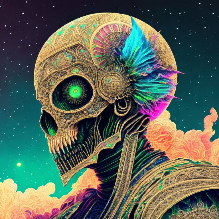 Colorful Skull Artwork with Gold Patterns and Feathered Adornment