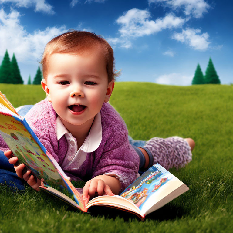 Smiling baby in purple sweater on grass with colorful book and blue sky
