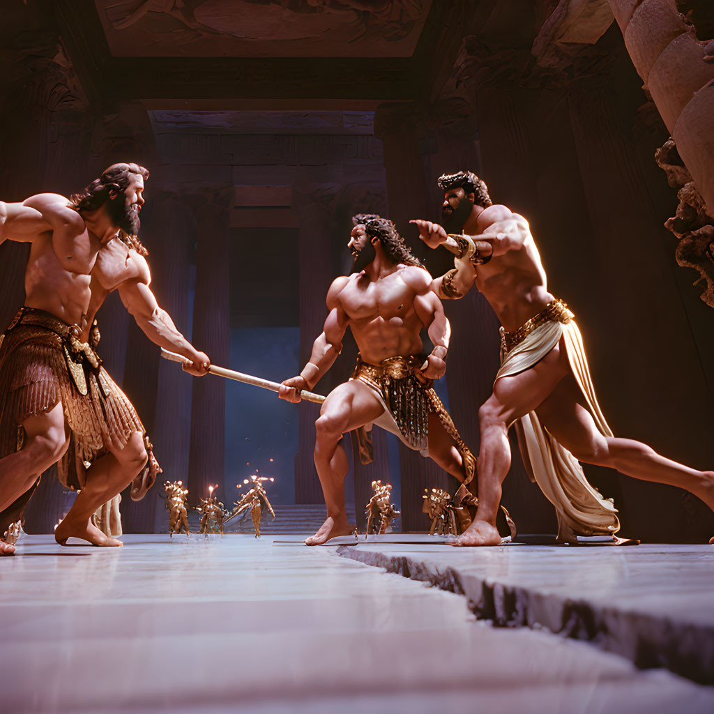 Muscular men in ancient warrior attire battle with a wooden staff in grand hall