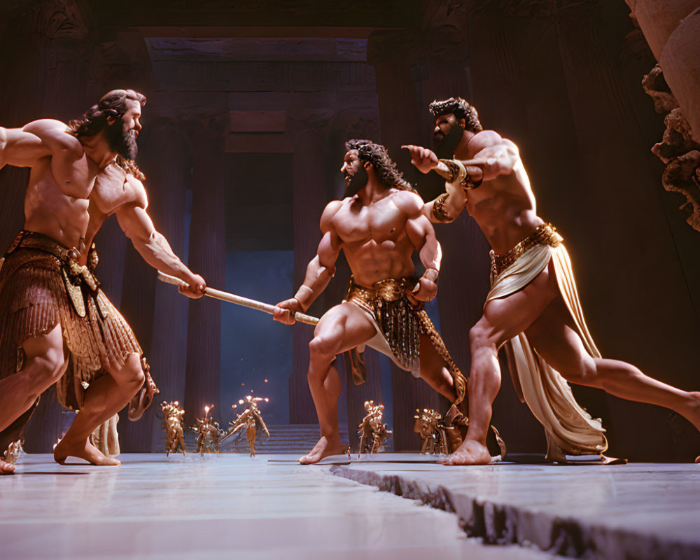 Muscular men in ancient warrior attire battle with a wooden staff in grand hall