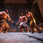 Muscular men in ancient warrior attire battle with a wooden staff in grand hall