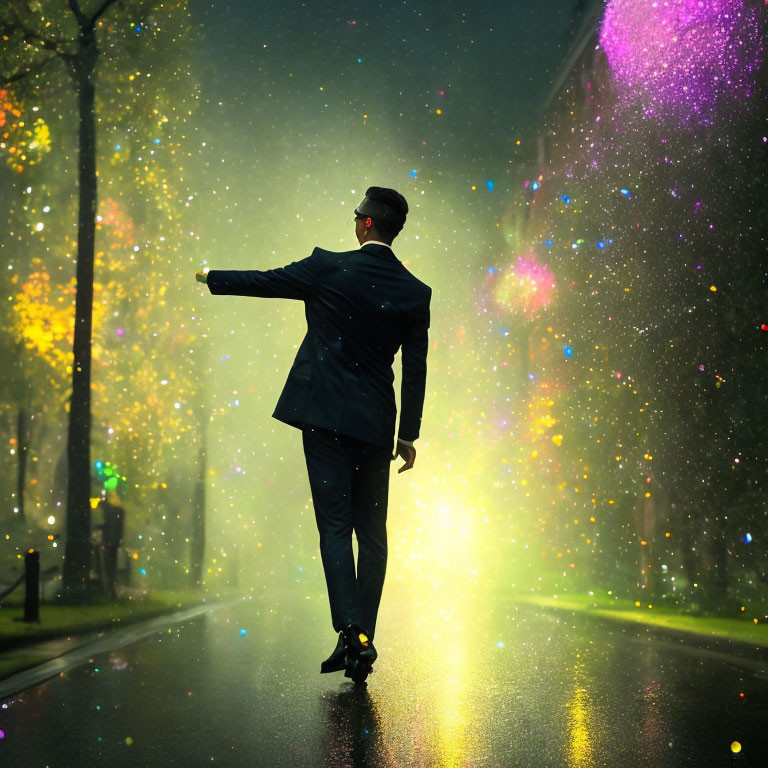 Man in Suit Hitchhiking on Colorful Bokeh-Lit Road at Night