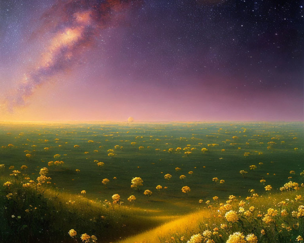 Vibrant Milky Way over blooming yellow field at twilight