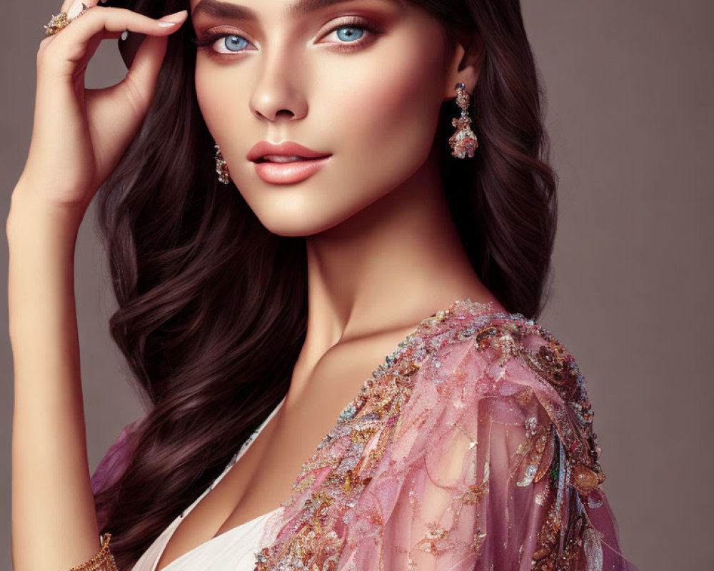 Portrait of a woman with blue eyes, long wavy hair, elegant jewelry, and sheer shawl