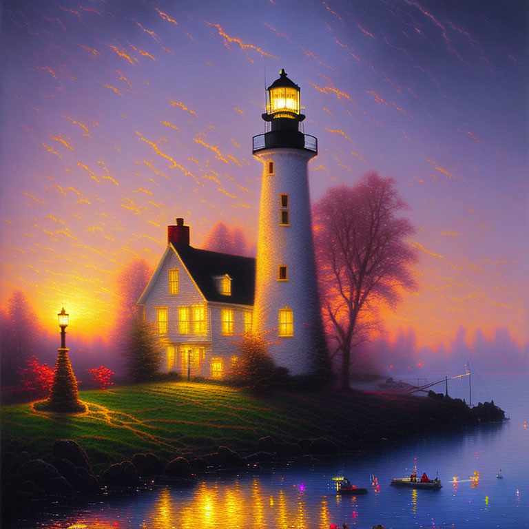 Scenic sunset view of lighthouse, boats, and vibrant sky