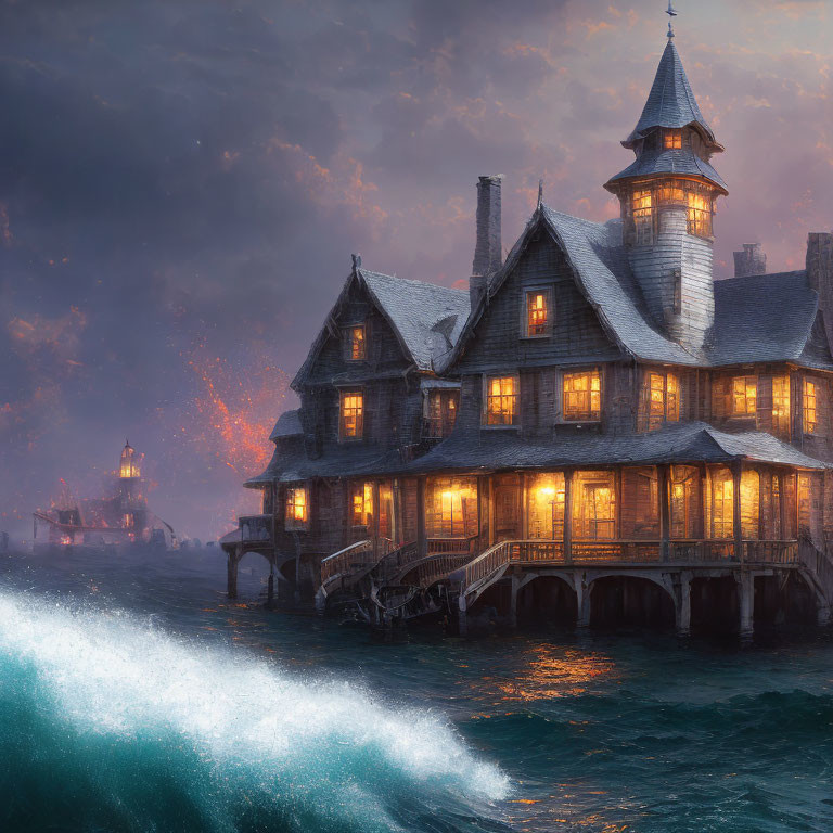 Illuminated wooden house on stilts over stormy ocean landscape