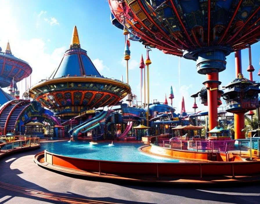 Colorful Carousel and Futuristic Architecture in Vibrant Amusement Park