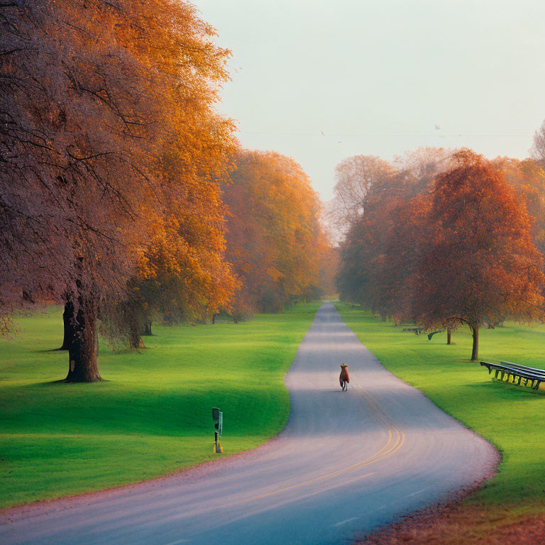 Tranquil autumn scene: Curved road, deer crossing, misty day, vibrant trees,