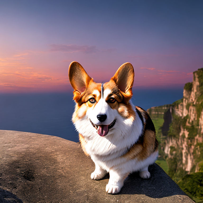 Pembroke Welsh Corgi on Rock with Sunset Ocean View