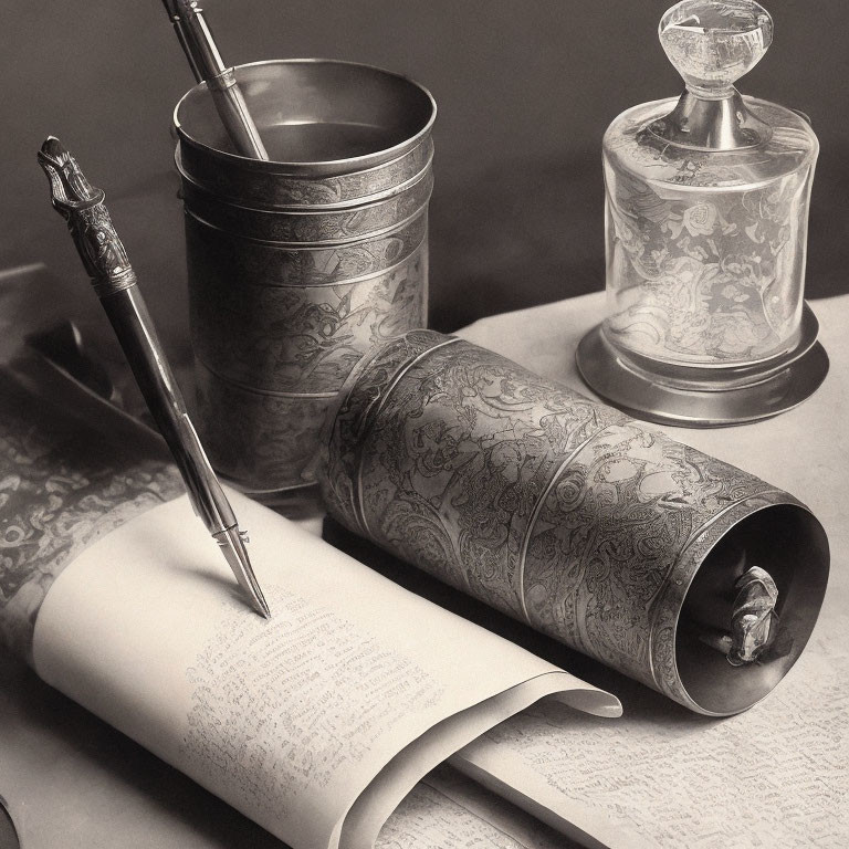 Vintage Monochrome Still Life with Scroll, Quill Pen, Inkwell, and Metal Cup