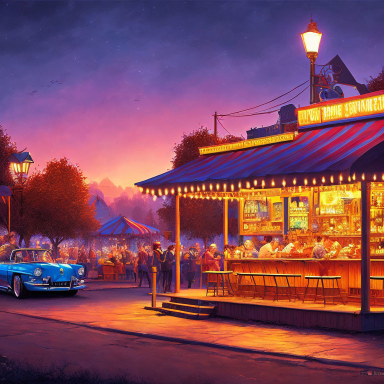 Illustration of bustling evening at diner with classic car and romantic sky