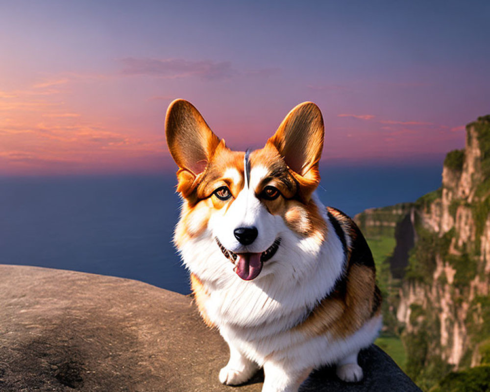 Pembroke Welsh Corgi on Rock with Sunset Ocean View