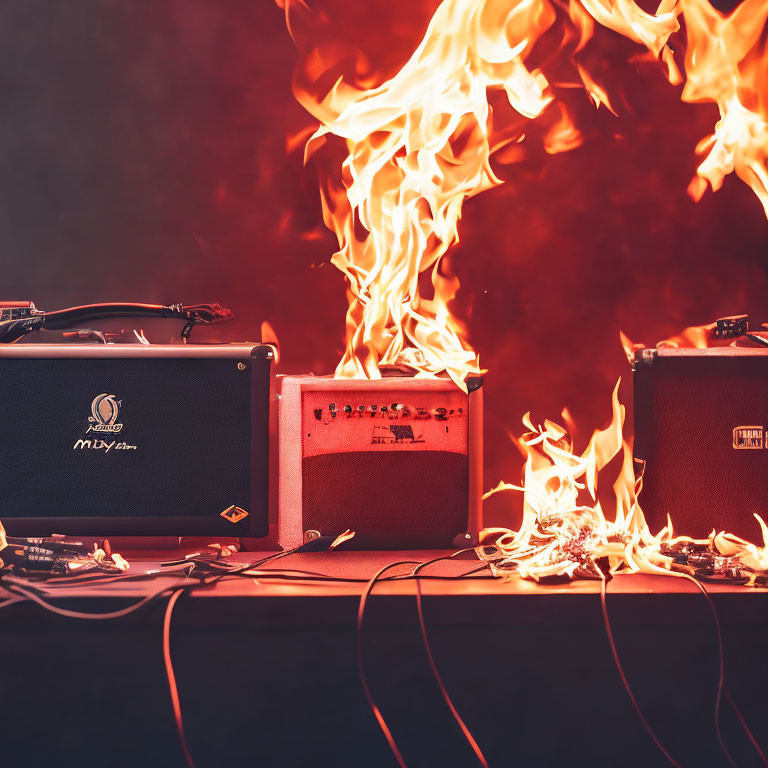 Three Guitar Amplifiers Surrounded by Flames on Red Stage