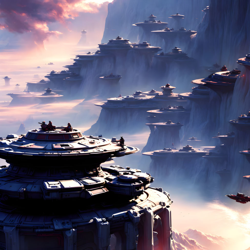 Futuristic cityscape with flying vehicles and pink-hued clouds