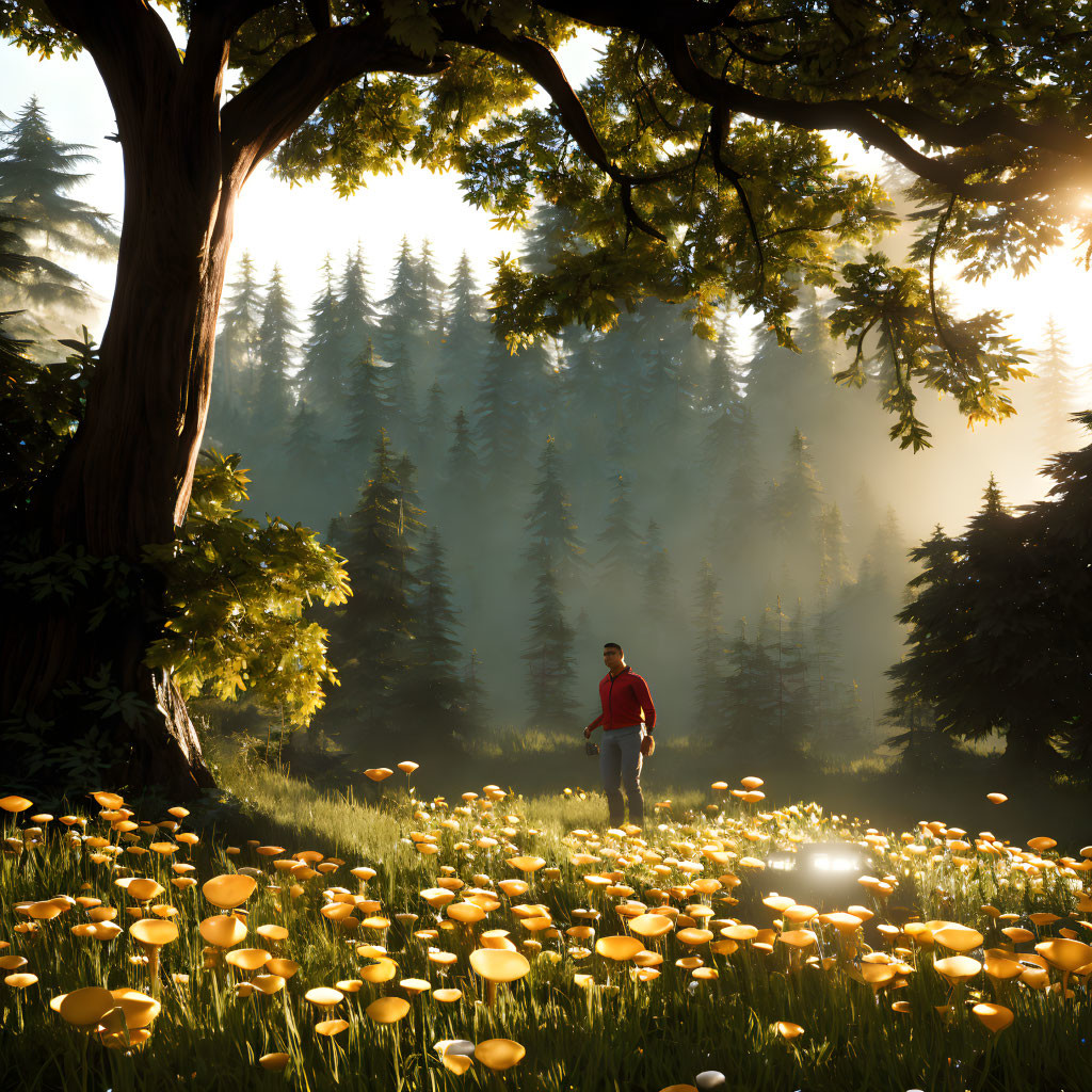 Person in Red Jacket Surrounded by Yellow Flowers in Sunlit Forest