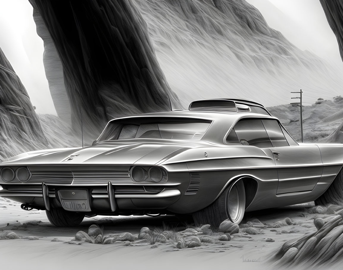 Monochrome illustration of classic car on deserted road