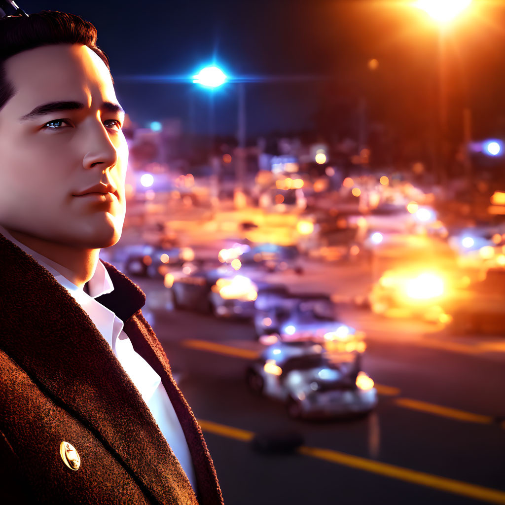 Stylized man in coat with city night traffic background