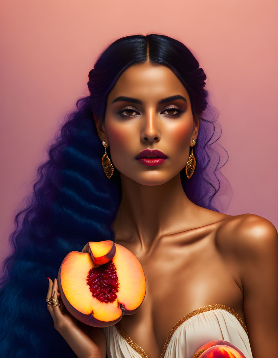 Blue-haired woman holding peach on pink background with bold makeup and gold earrings