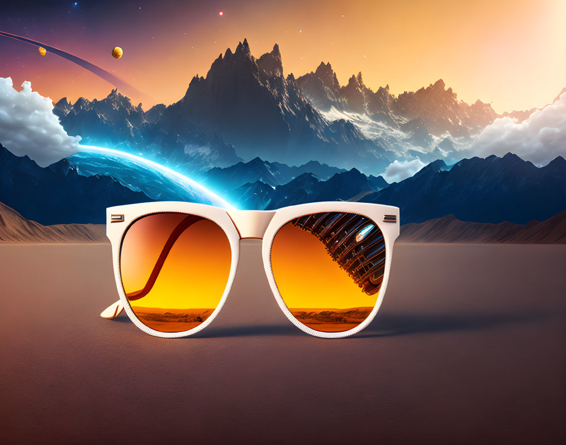 Sunglasses Reflect Cityscape, Mountains, and Sunset