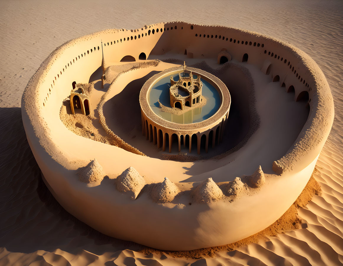 Circular sandcastle with intricate towers and walls in desert setting