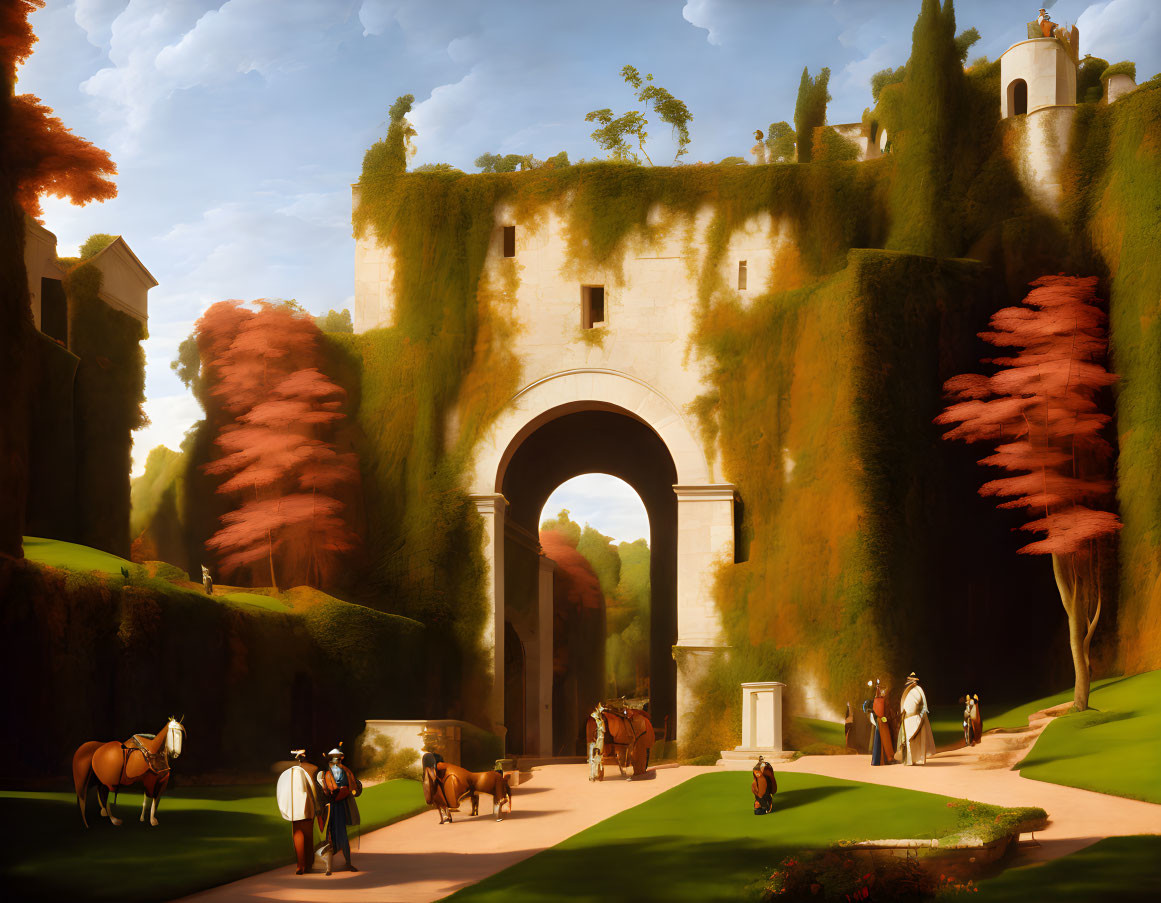 Tranquil painting of grand archway in lush setting