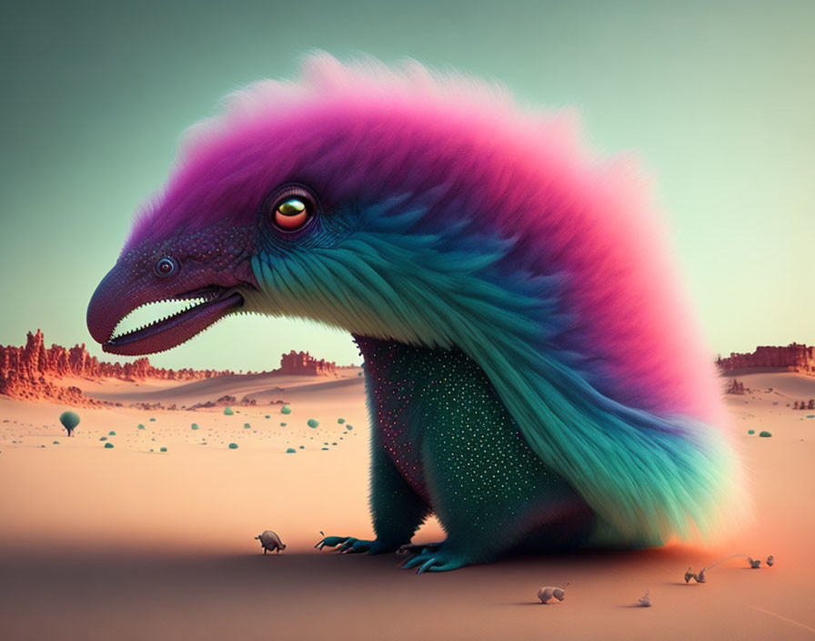 Colorful creature with rainbow fur in desert landscape