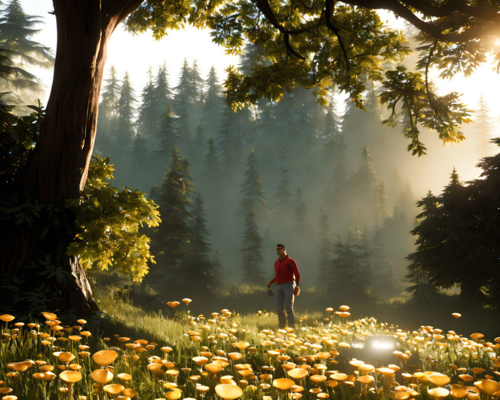 Person in Red Jacket Surrounded by Yellow Flowers in Sunlit Forest