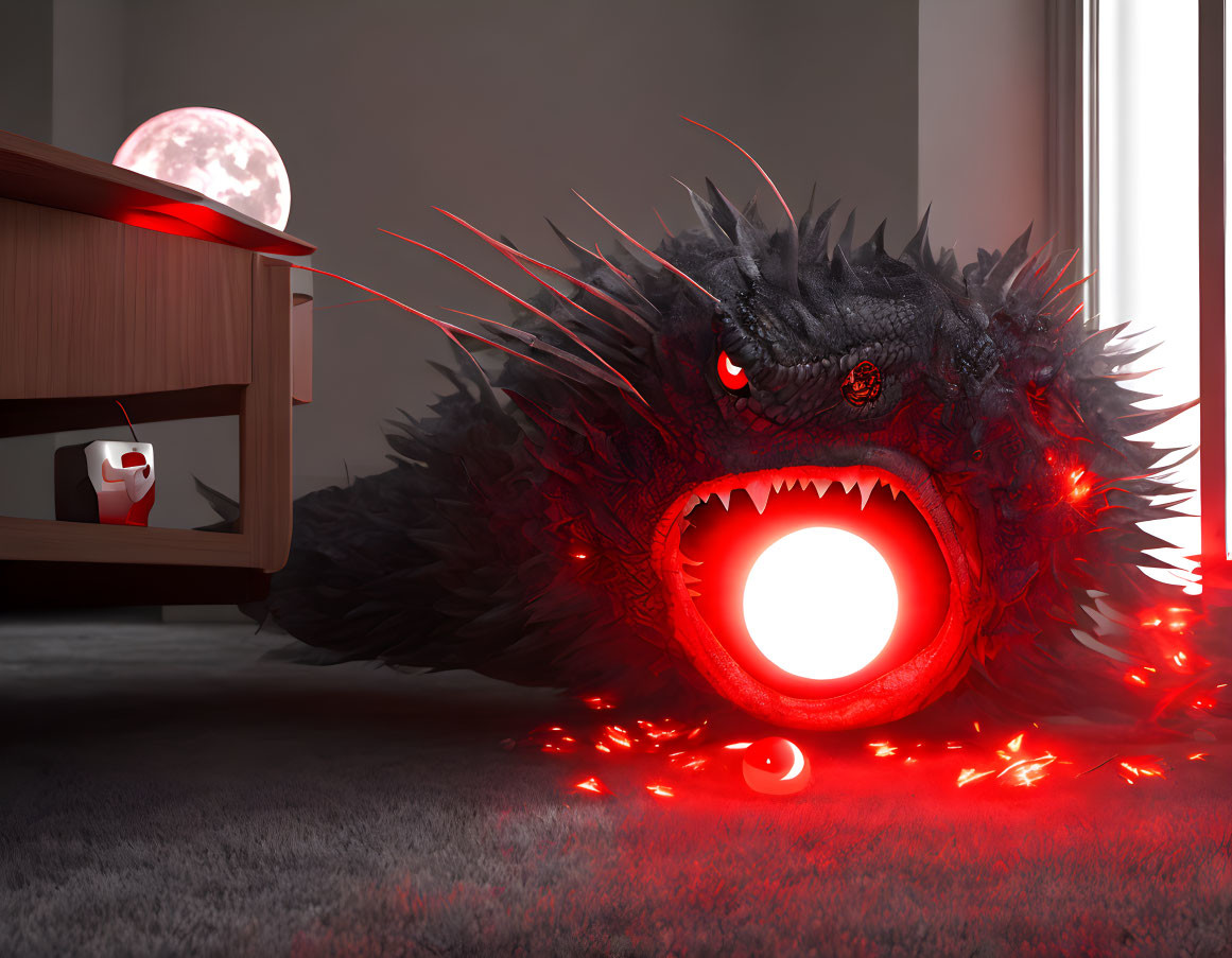 Menacing dragon-like creature with glowing eyes under desk in moonlit room