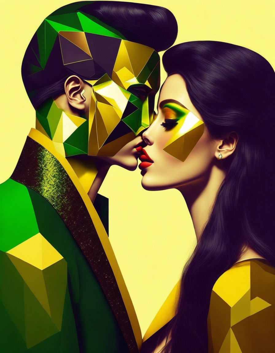 Digital artwork: Woman about to kiss man with geometric pattern on face, yellow background