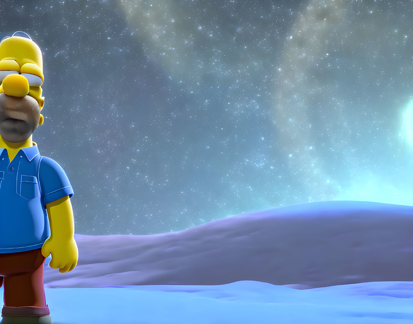 Yellow-skinned animated character in blue shirt against starry night sky background