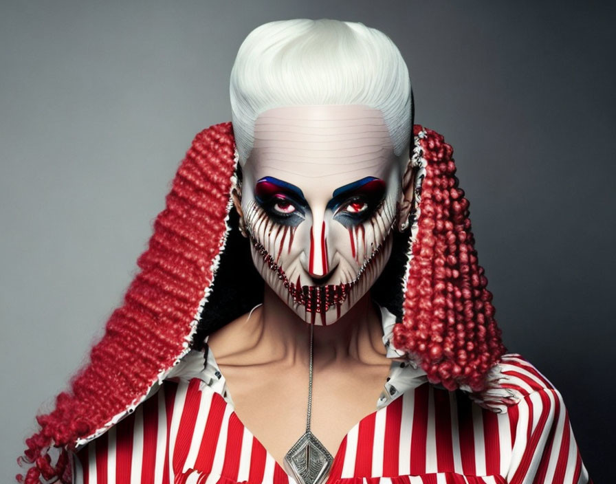 Theatrical clown costume with white facemask and red makeup