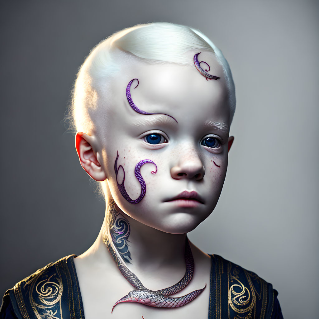 Child with albinism in digital artwork with tattoos and tentacles, mystical theme