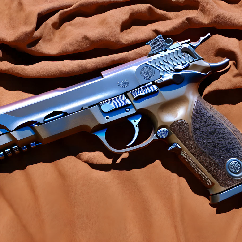 Silver and Black Intricately Designed Handgun on Brown Cloth in Sunlight