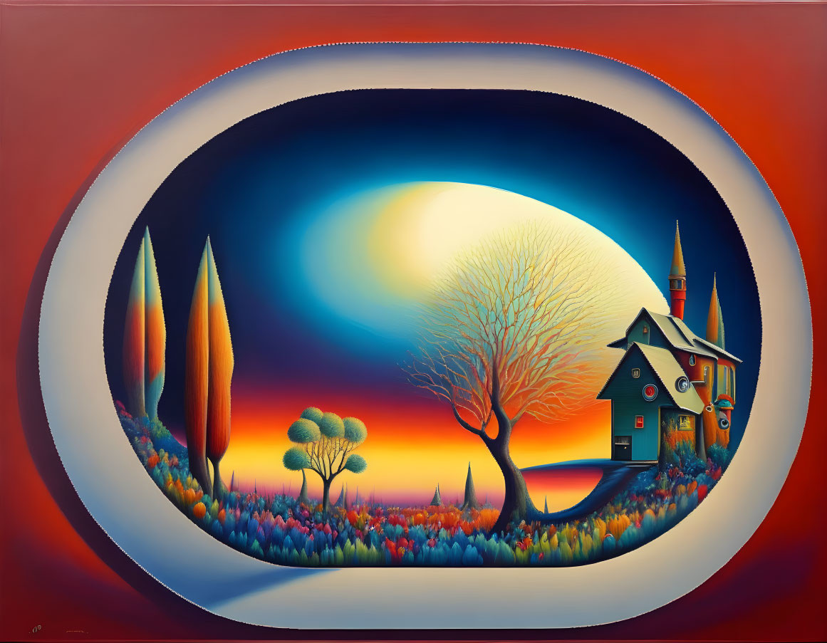 Colorful surreal landscape painting with large sun, stylized trees, whimsical house