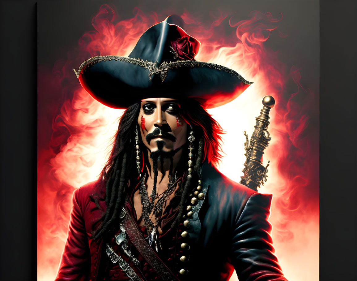 Illustration of pirate captain with plumed hat in dark jacket on fiery red background