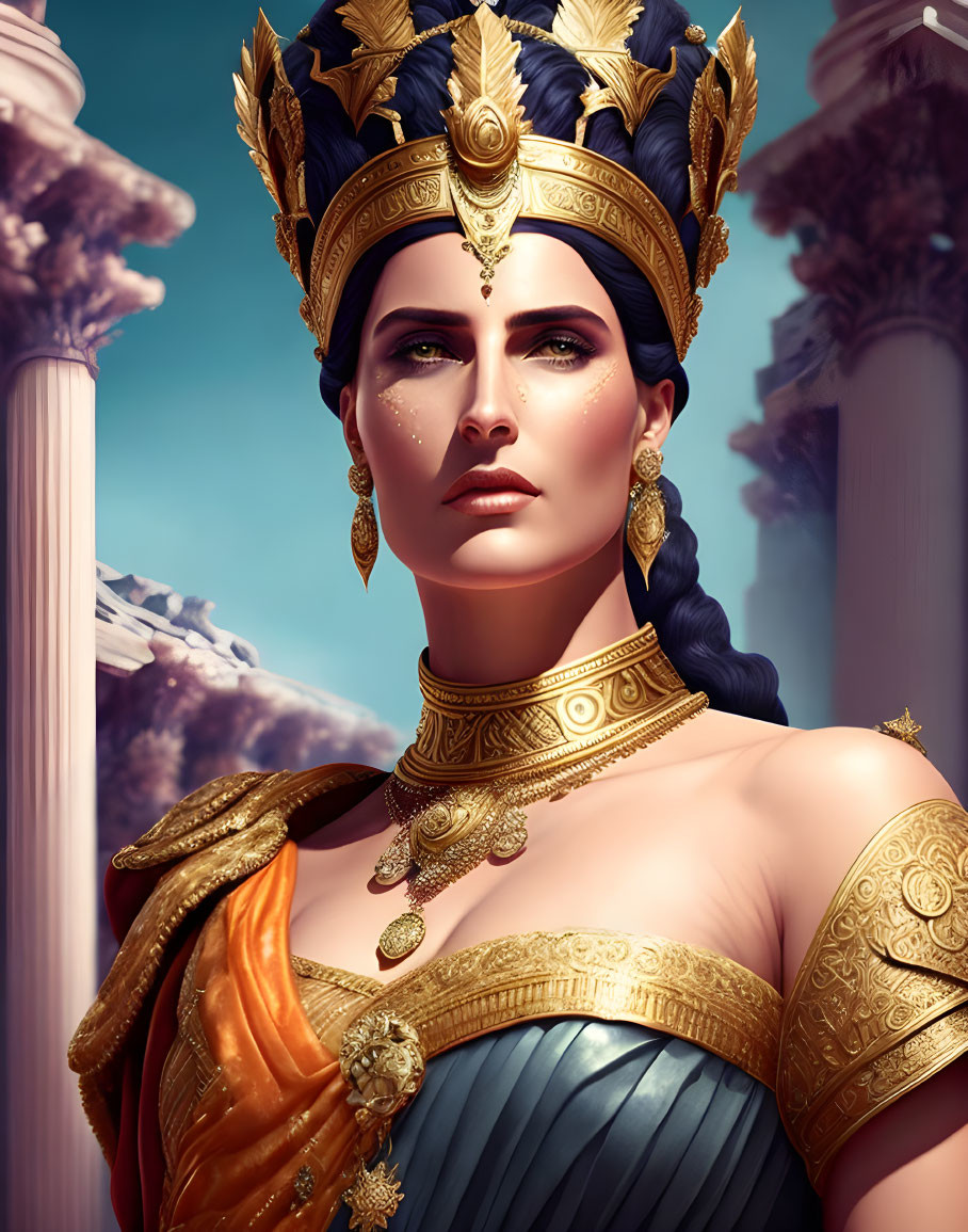 Regal woman in golden crown and jewelry against classical columns.