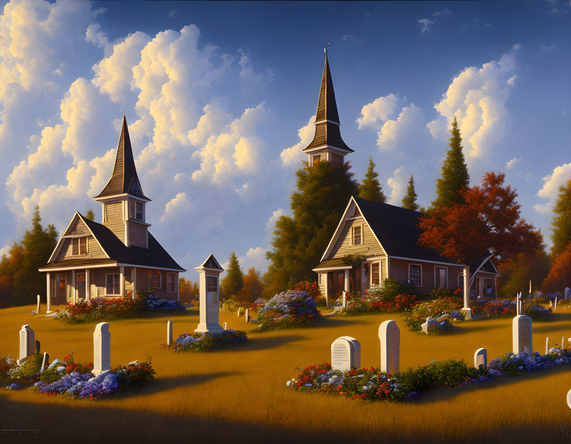 Picturesque churches with spires in serene cemetery surrounded by lush nature.