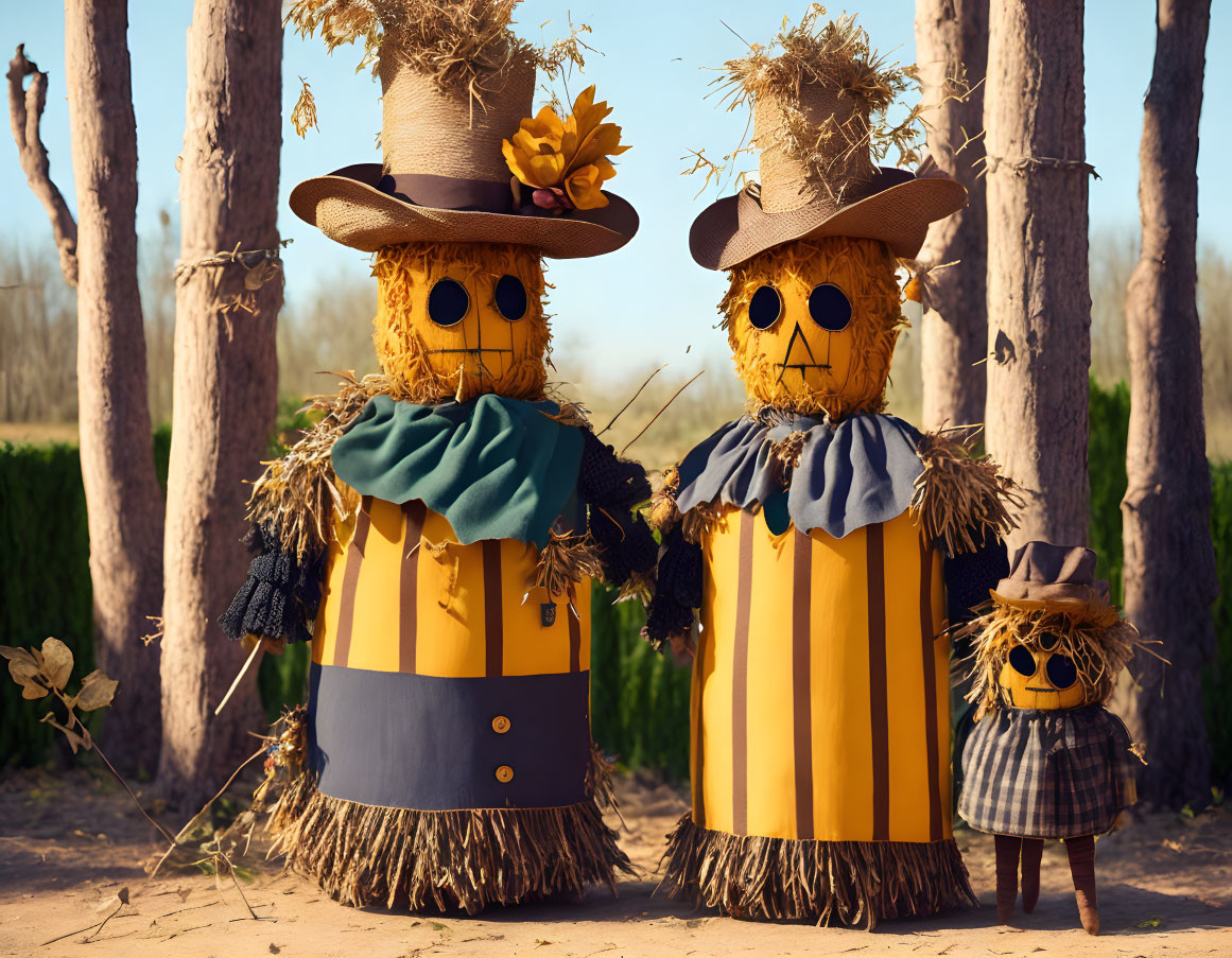 Colorful scarecrows in hats among trees under blue sky