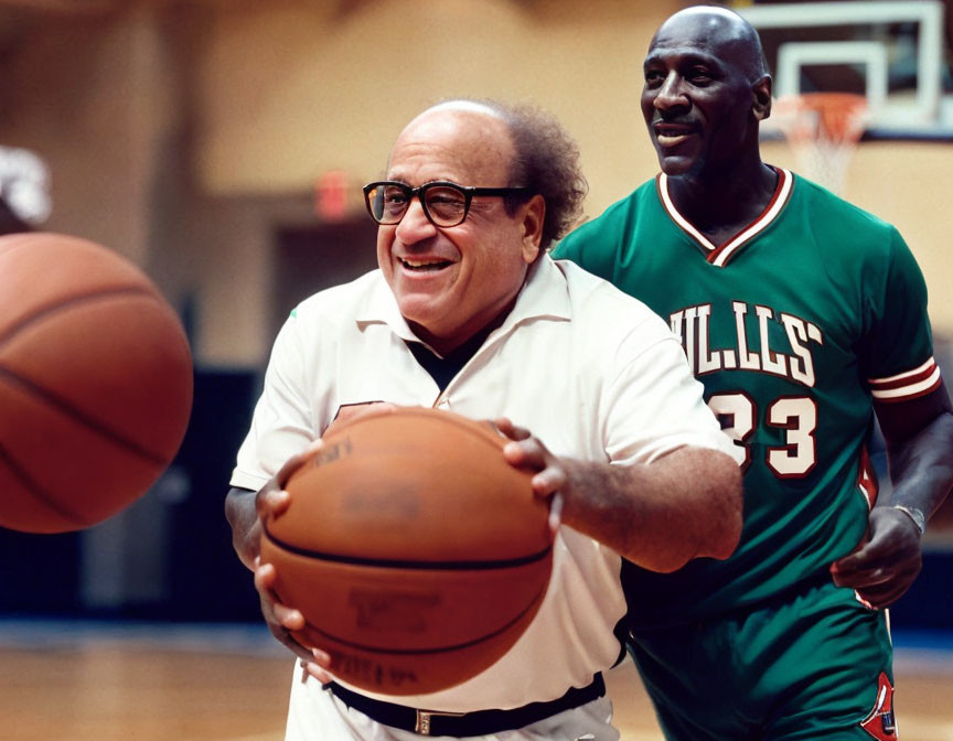 Happy man with basketball and smiling Bulls #23 player on court