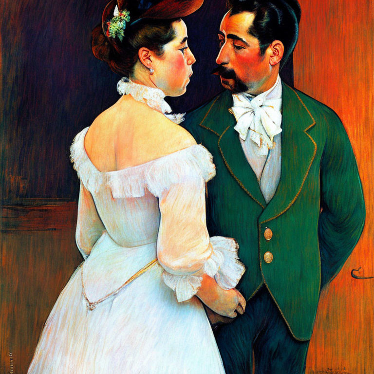 Man and woman in elegant attire facing each other in warm-toned setting