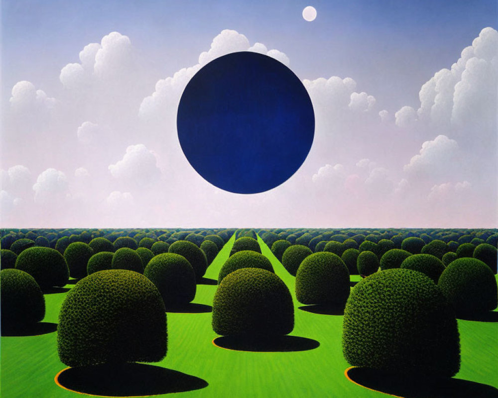 Surreal landscape with round bushes, path, black circle, moon & cloud-filled sky