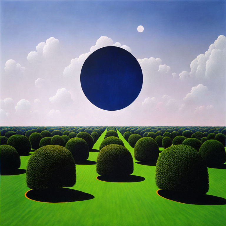 Surreal landscape with round bushes, path, black circle, moon & cloud-filled sky