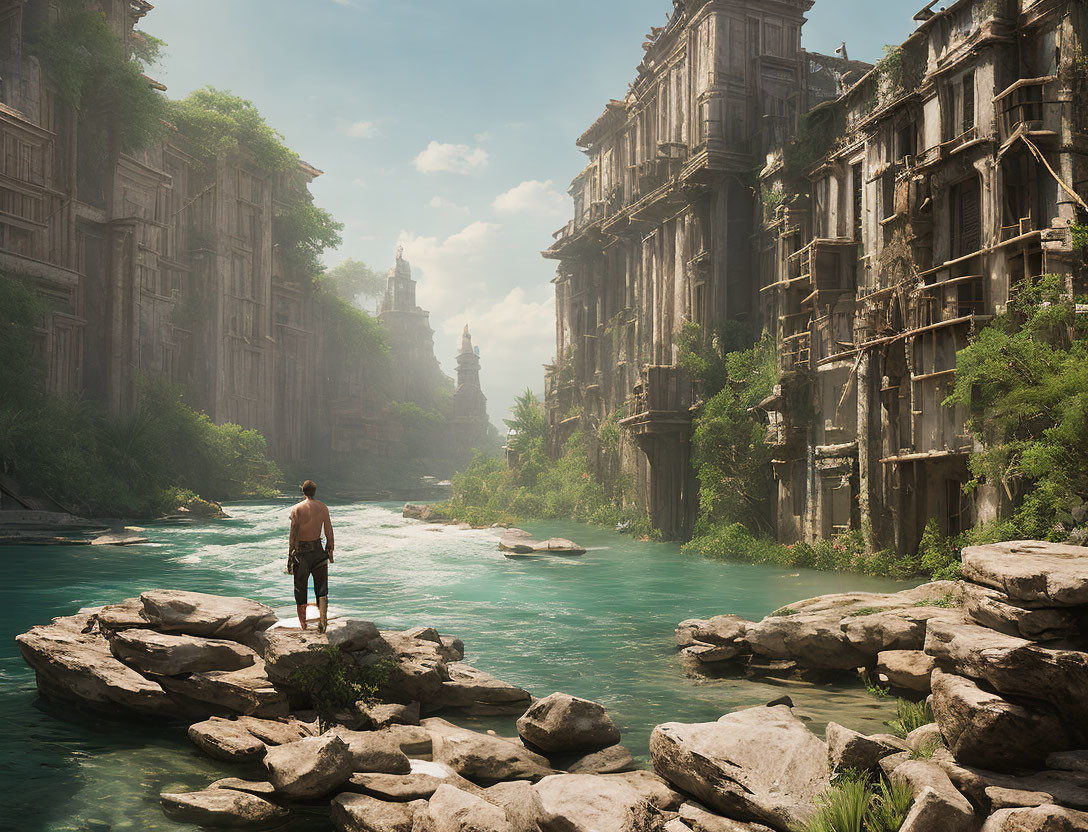 Man standing near river by ancient ruins under clear sky