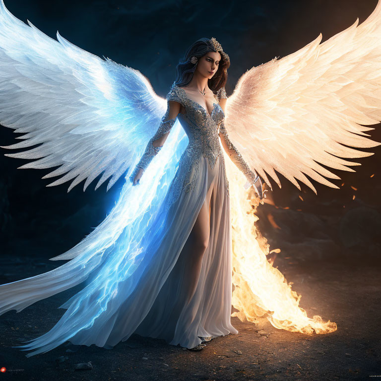 Majestic figure with luminescent wings in dark setting