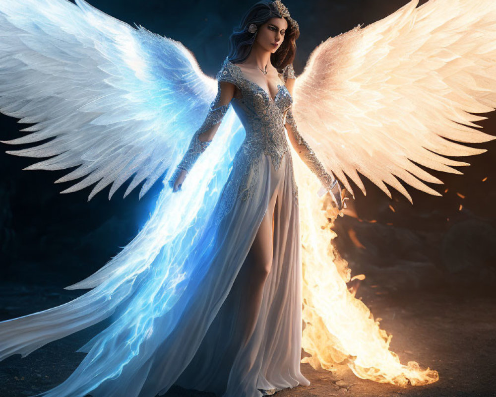 Majestic figure with luminescent wings in dark setting