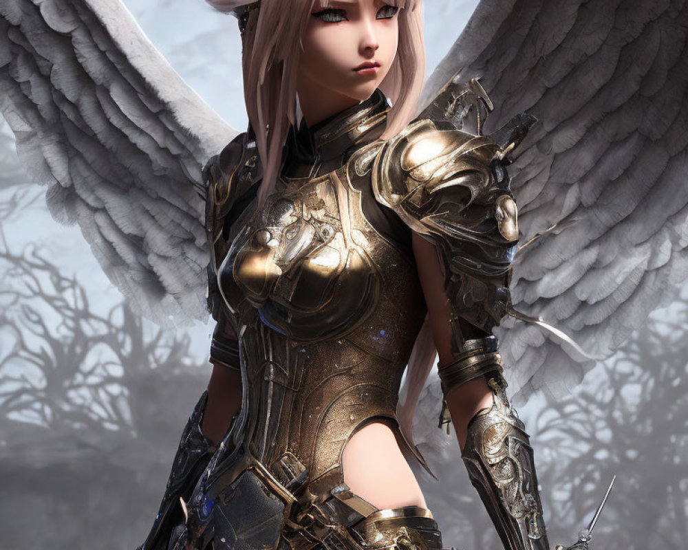 Female warrior with white hair, angelic wings, and golden armor in misty scene