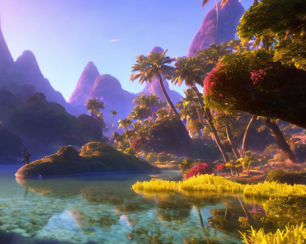 Tropical landscape with clear water, palm trees, and mountains