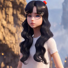 Young girl with long black hair in white top and red headband in woodland setting