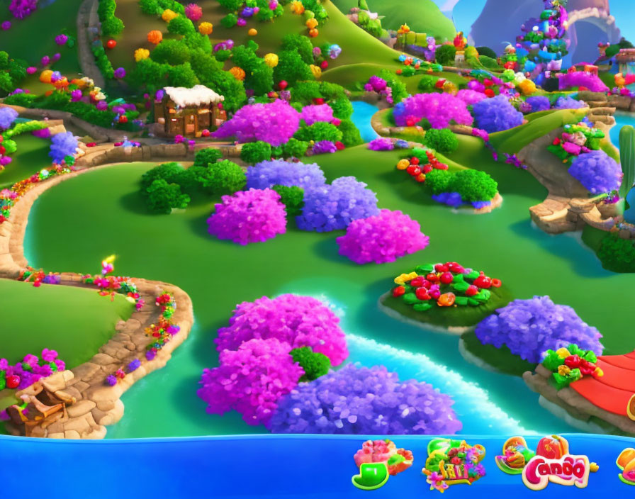 Colorful cartoon-style video game landscape with lush green paths, pink and purple trees, blue river,