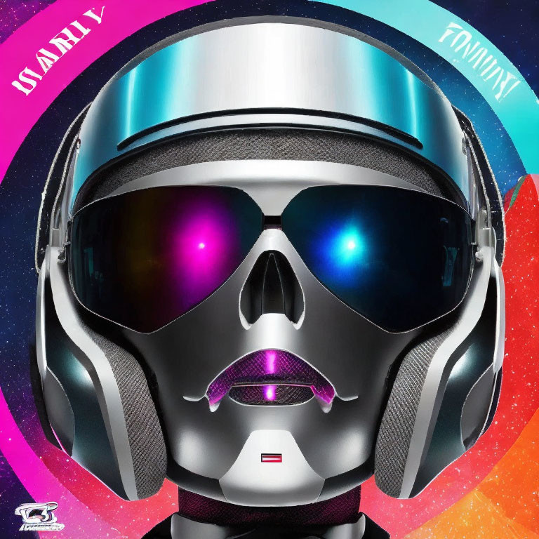 Metallic robot head with visor and futuristic design on vibrant backdrop